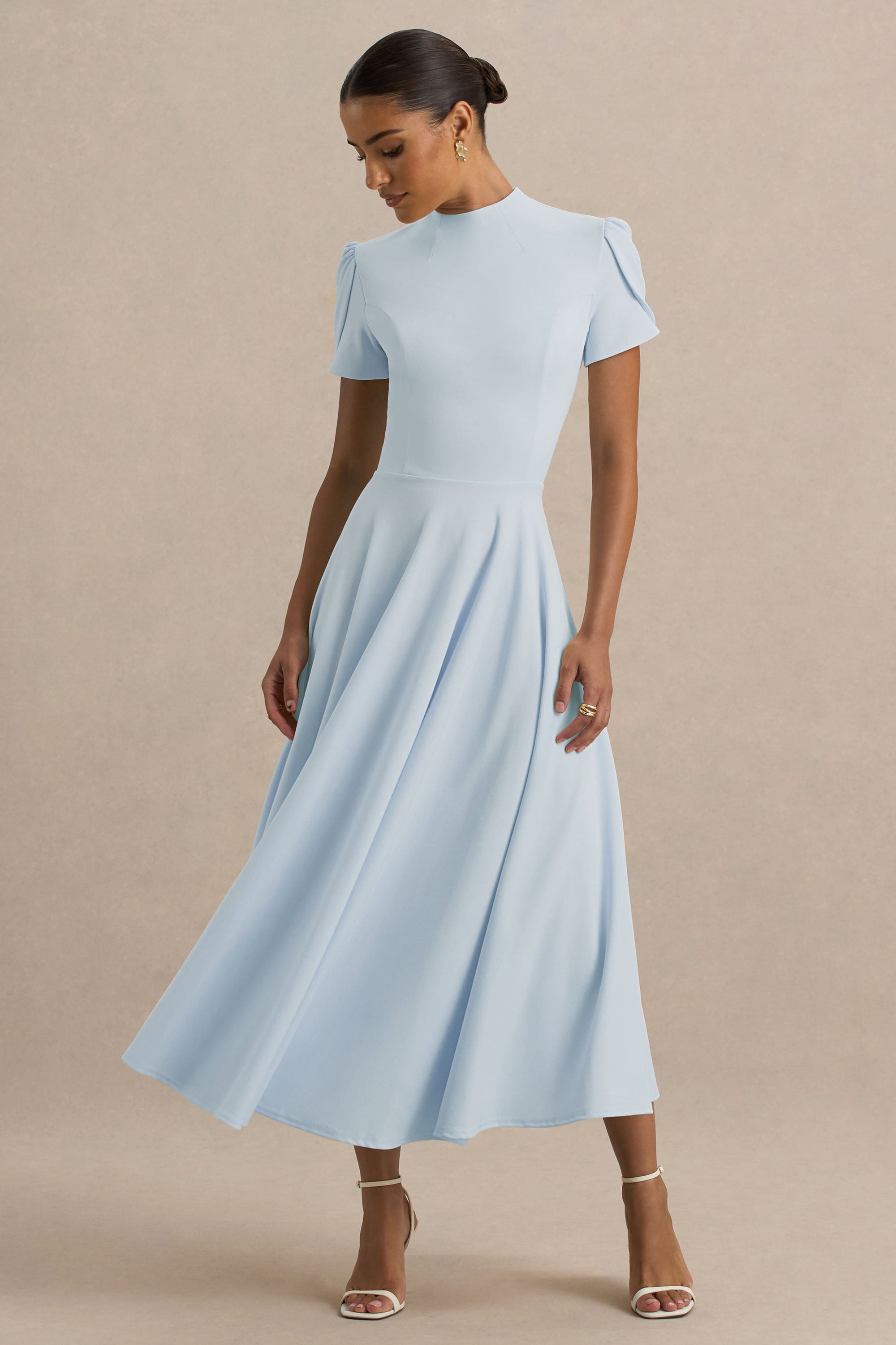 Vicky | Powder Blue High Neck Midi Dress With Puff Sleeves