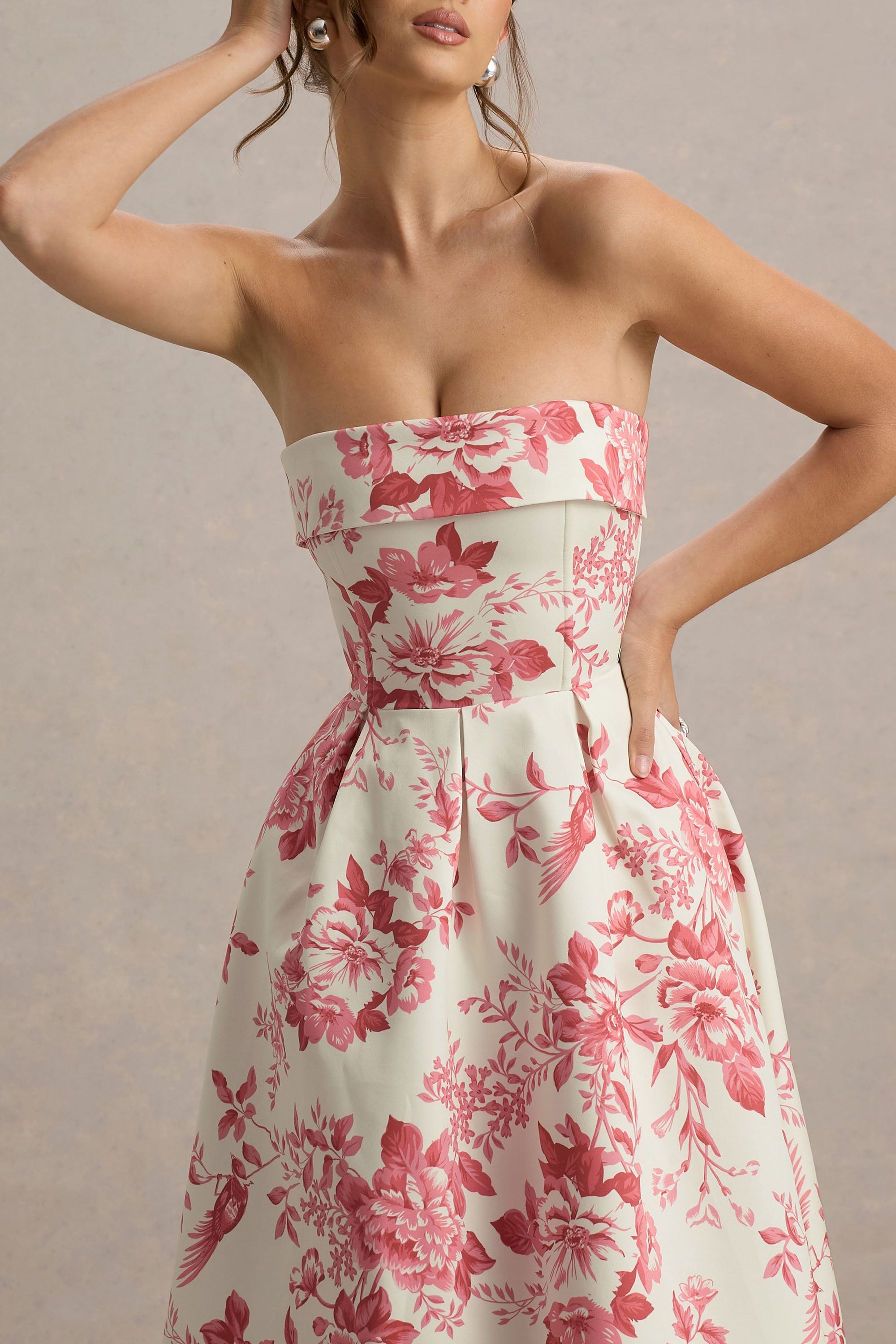 Annalise | Pink Porcelain Print Bandeau Skater Midi Dress