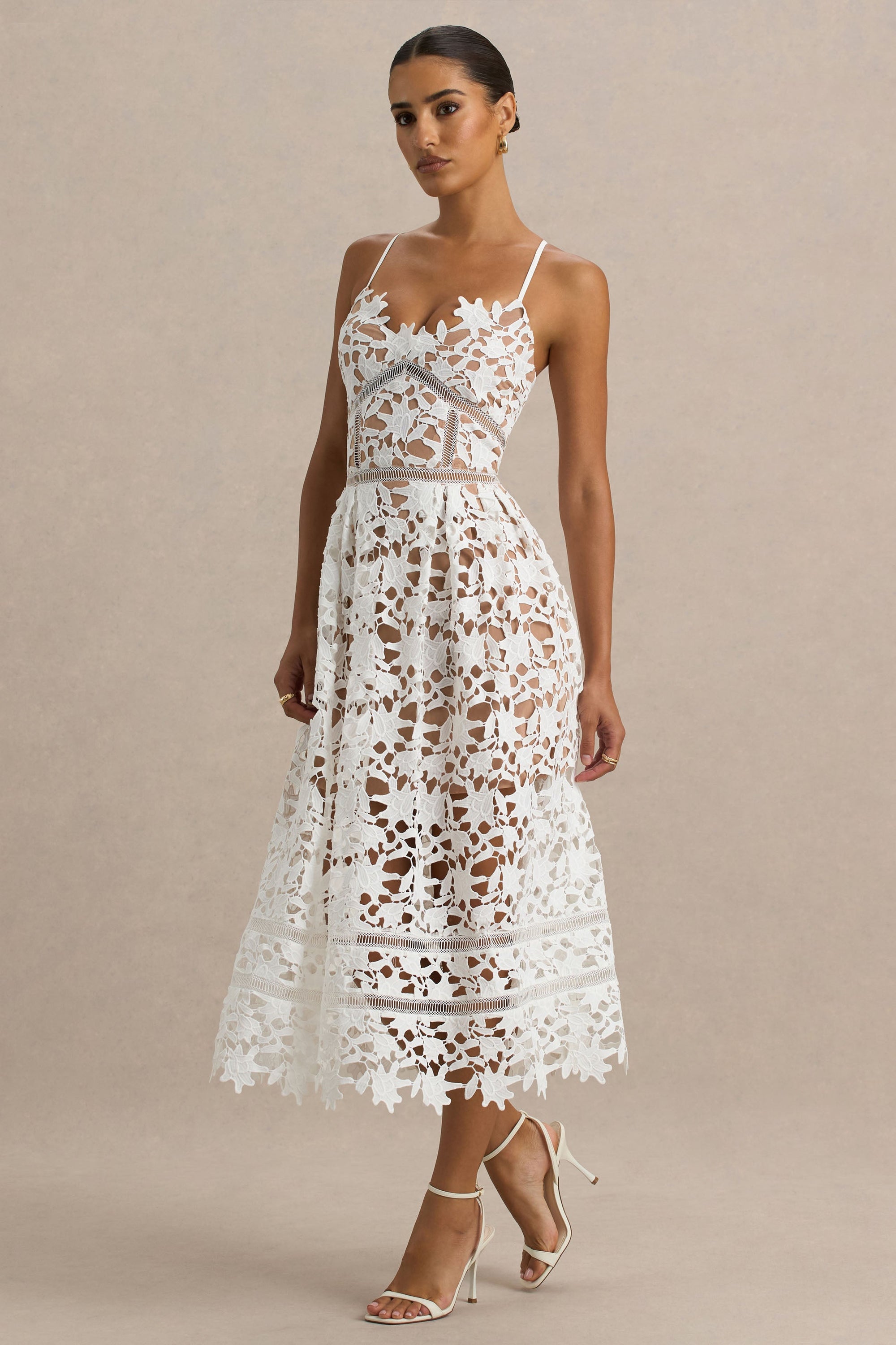 Zuri | White Lace Sweetheart Midi Dress With Cami Straps