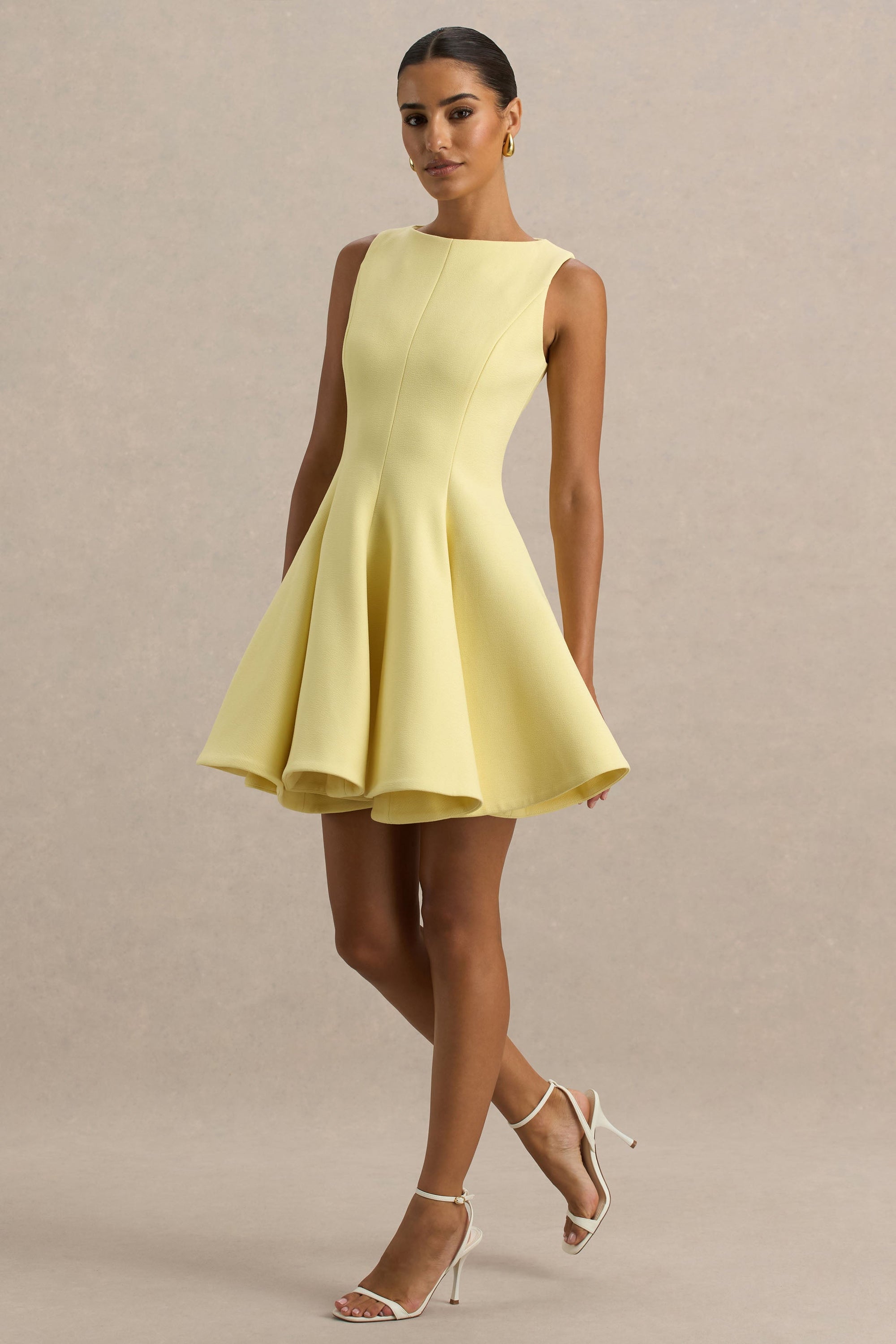 Gabrielle | Lemon Boat-Neck Mini Dress With Ruffling Detail