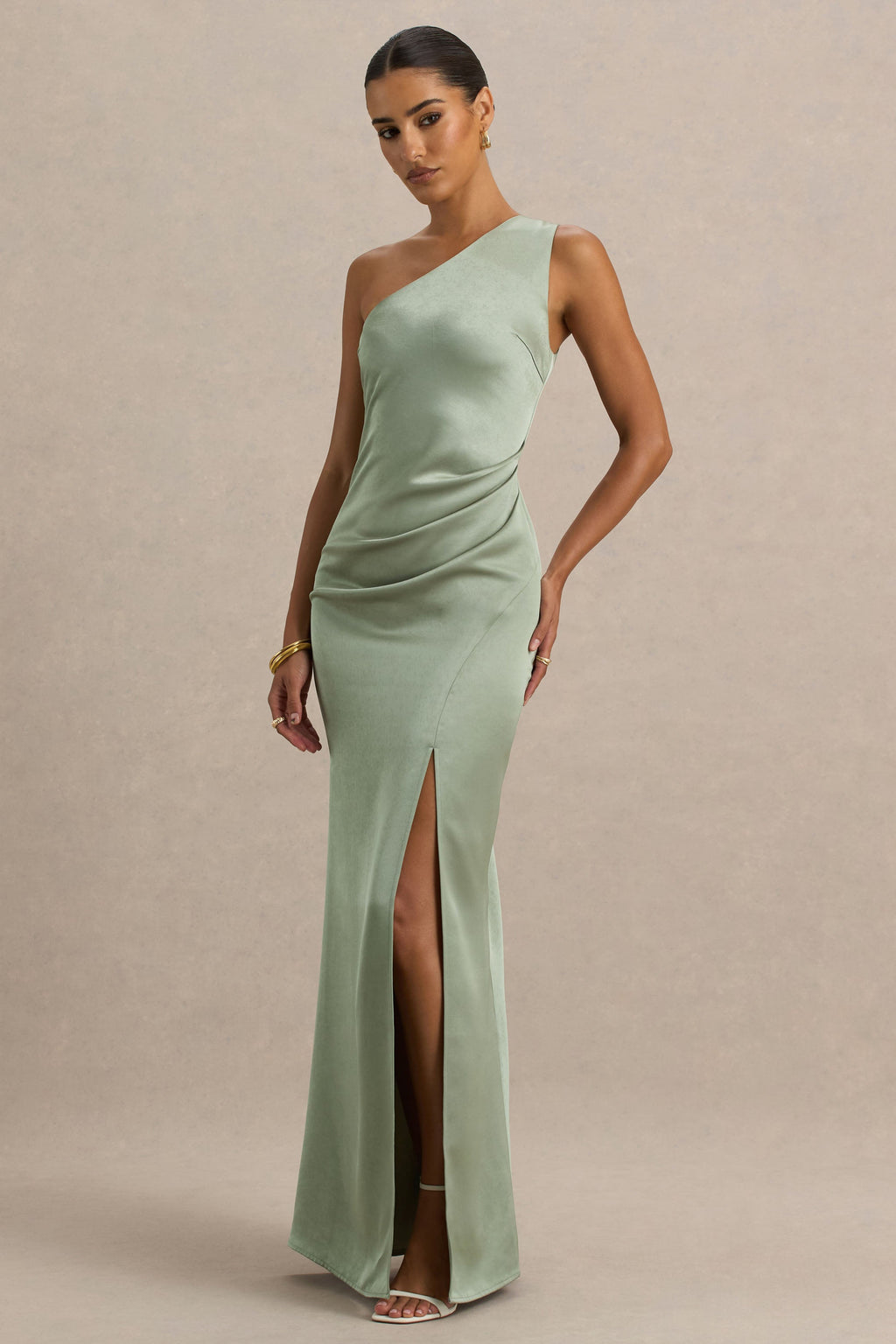 Beth | Sage Asymmetric Neckline High-Split Maxi Dress