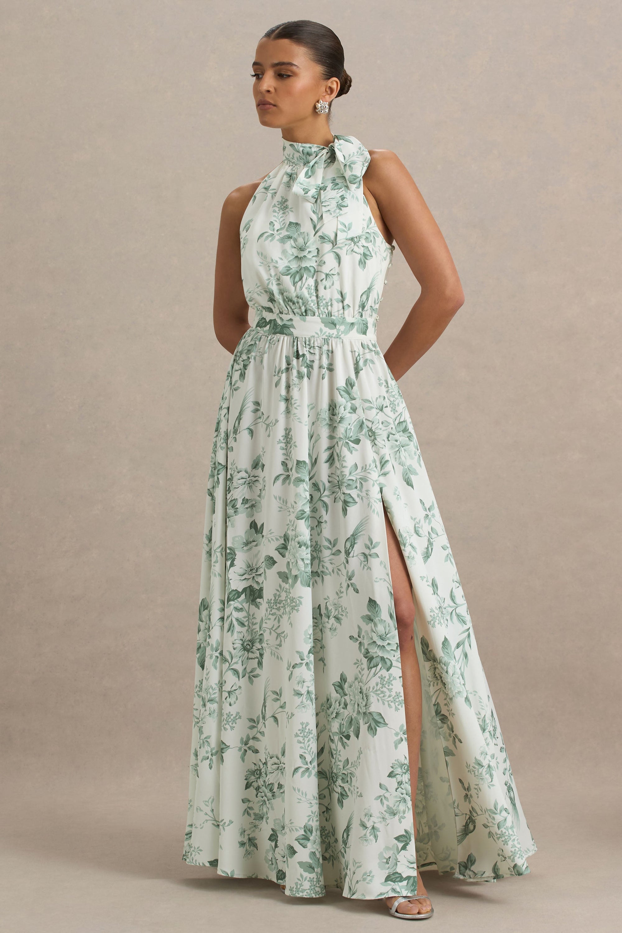 Talia | Green Floral Print High-Neck Maxi Dress With Front High Split