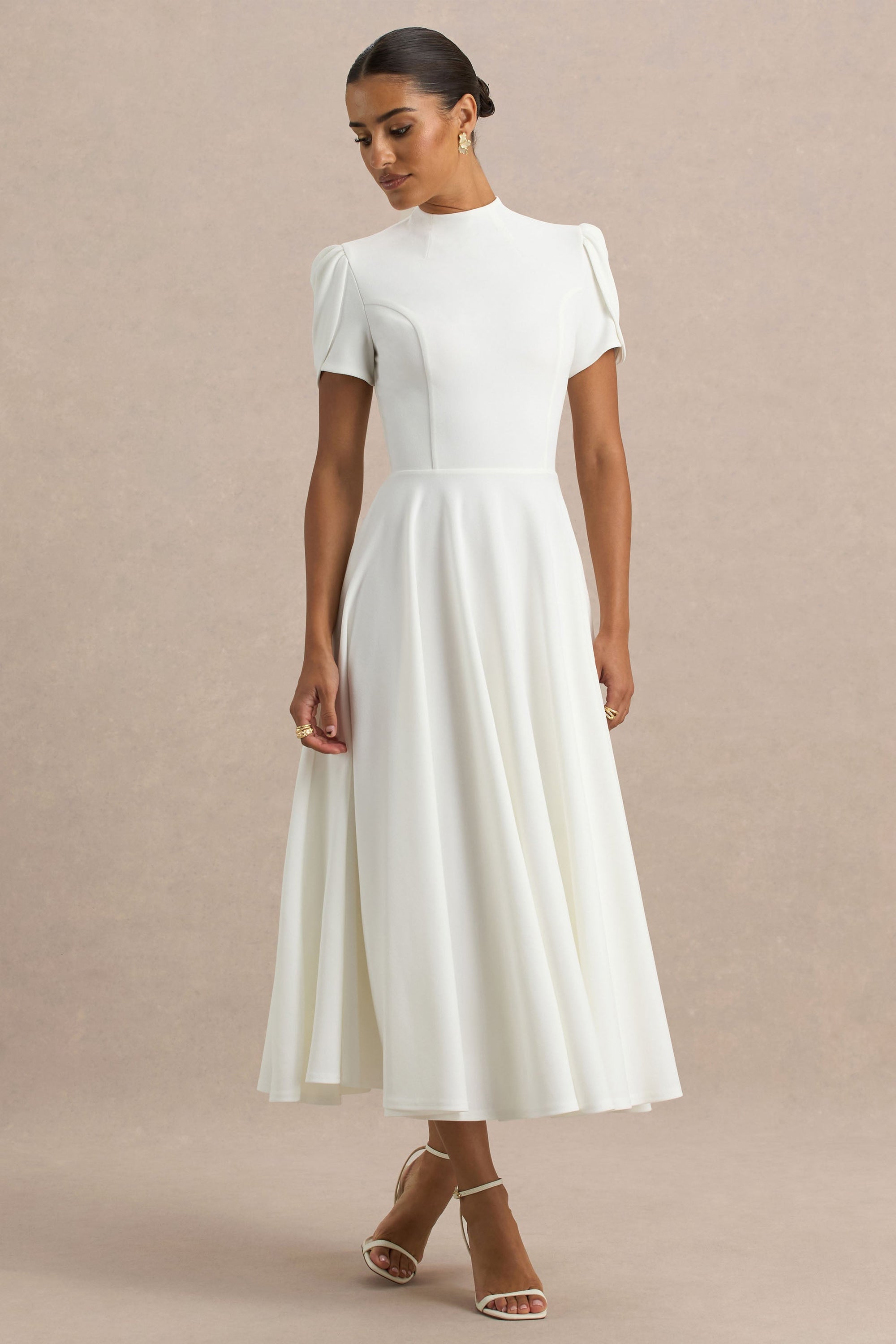Vicky | White High Neck Midi Dress With Puff Sleeves