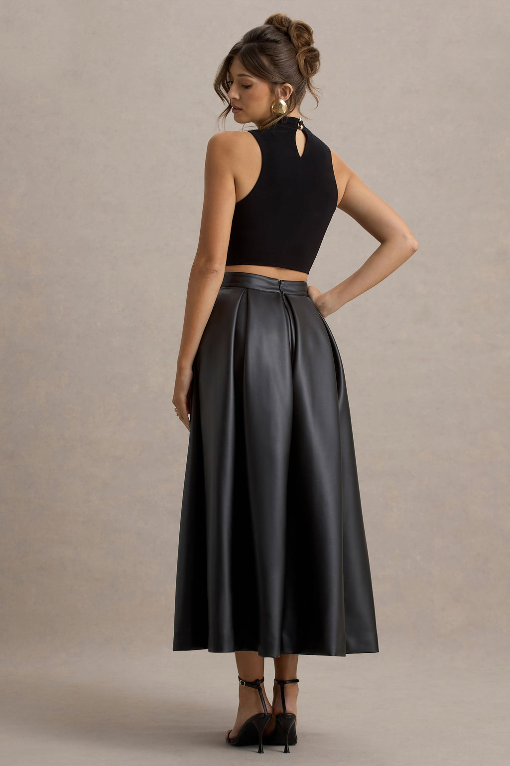 Noa | Black Faux Leather A-Line Midi Skirt