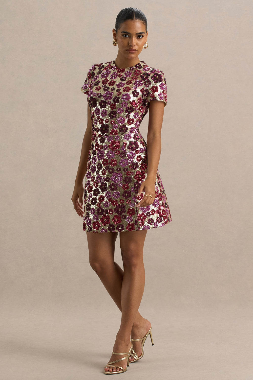 Eira | Pink Floral Sequin Crew-Neck Mini Dress