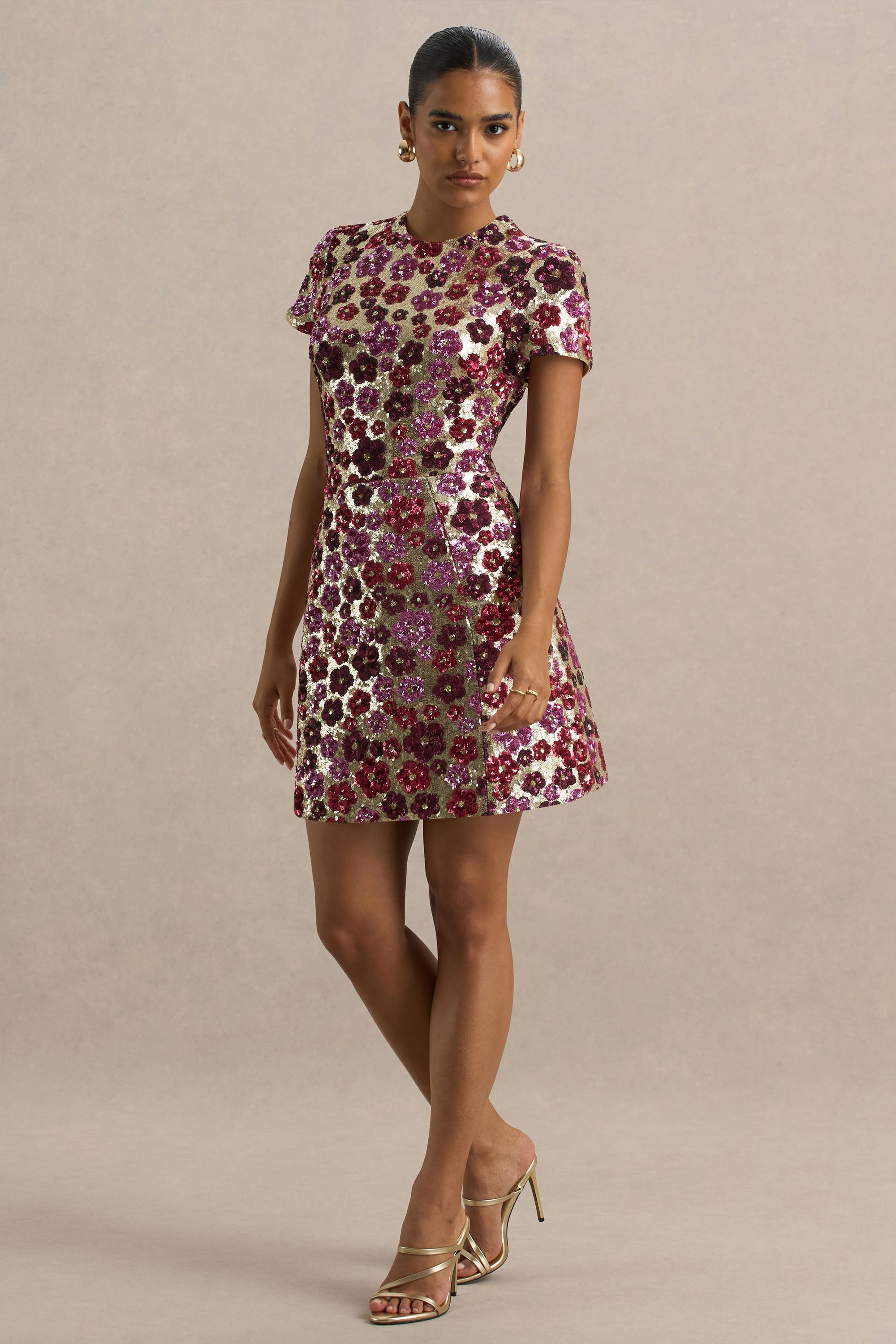 Eira | Pink Floral Sequin Crew-Neck Mini Dress