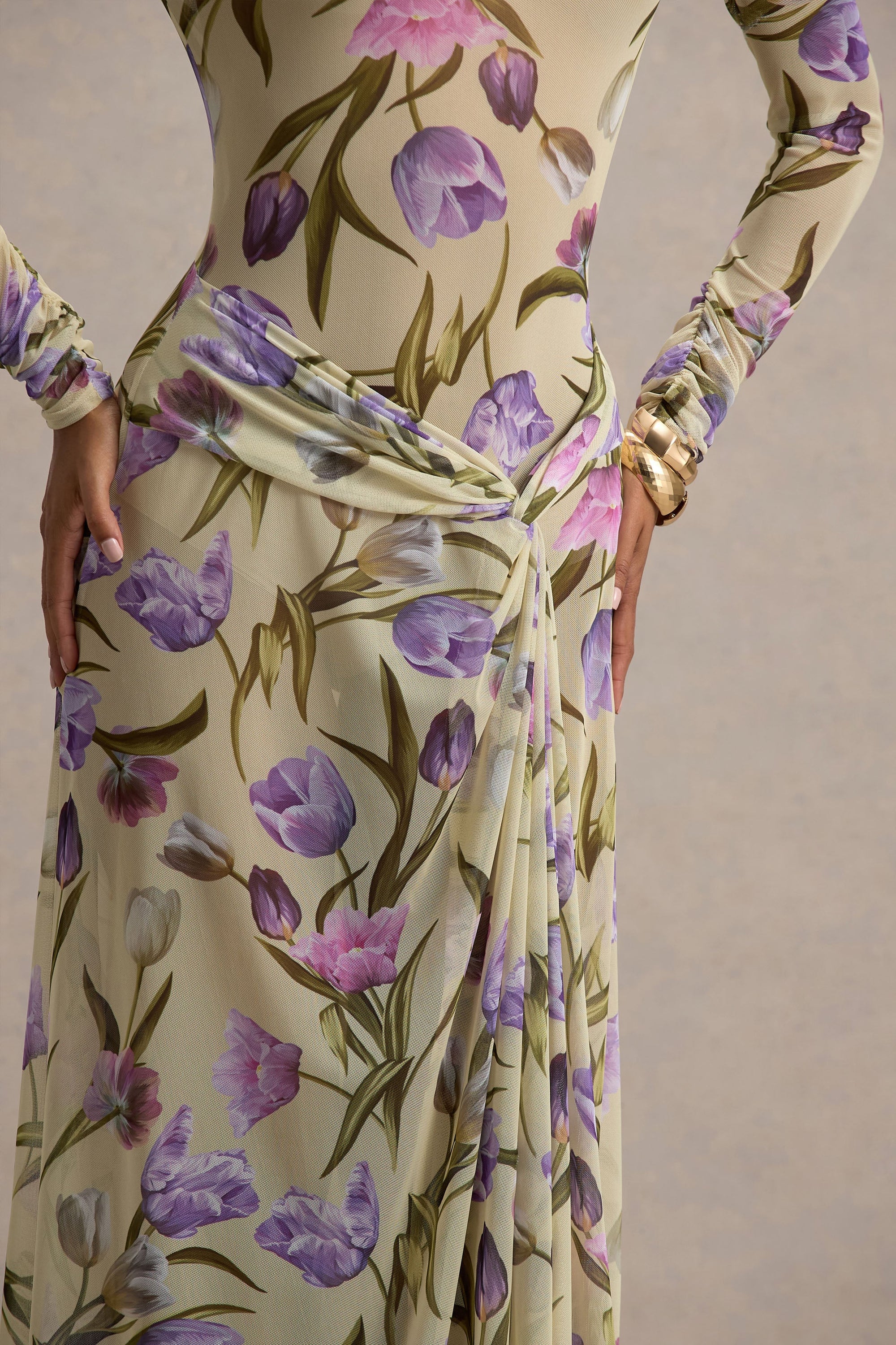Koami | Yellow Floral Sheer Mesh Long-Sleeve Ruched Maxi Dress With High Split