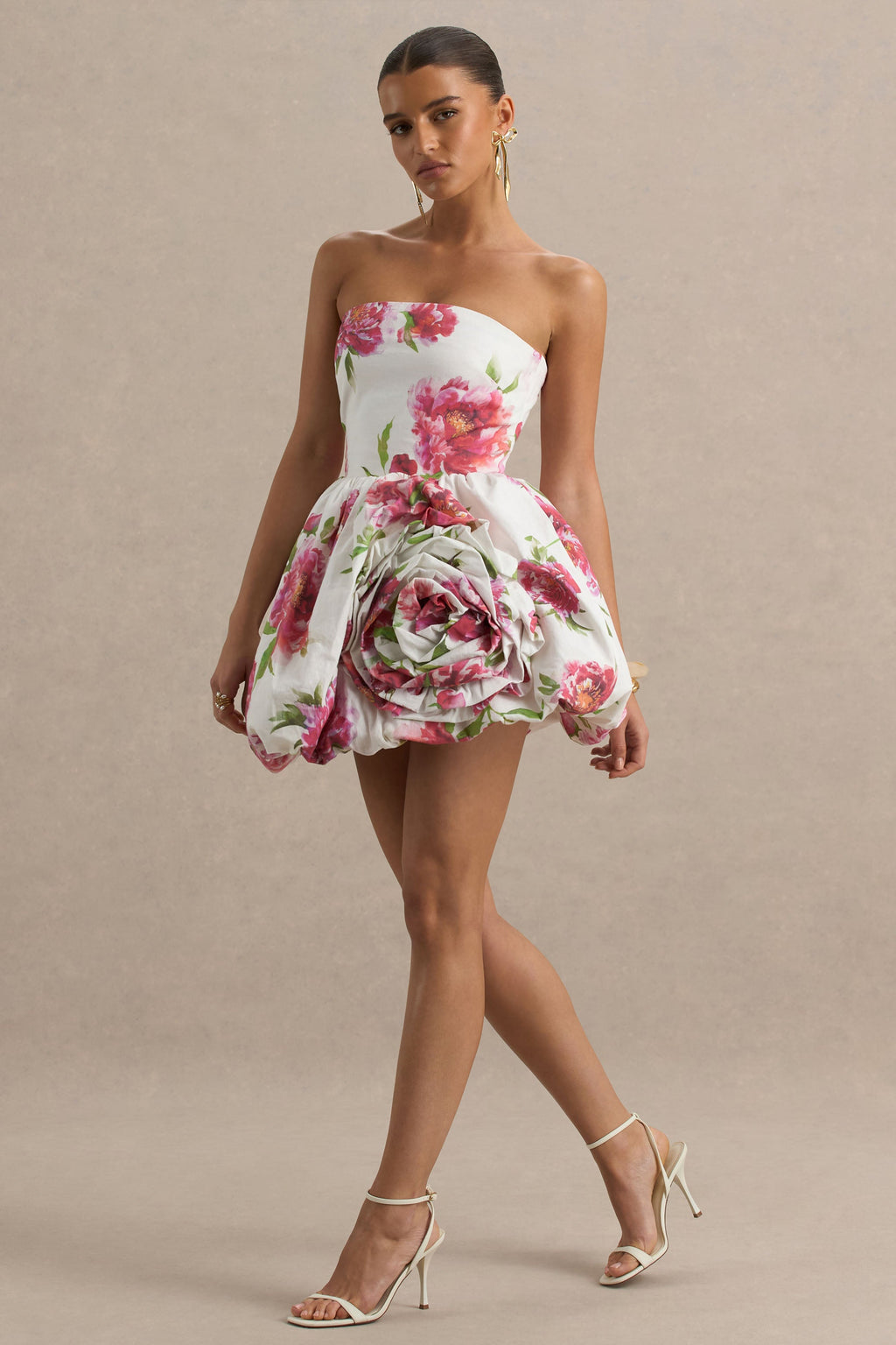Adira | Cream Floral Print Bandeau Puffball Mini Dress With Ruffle Detail