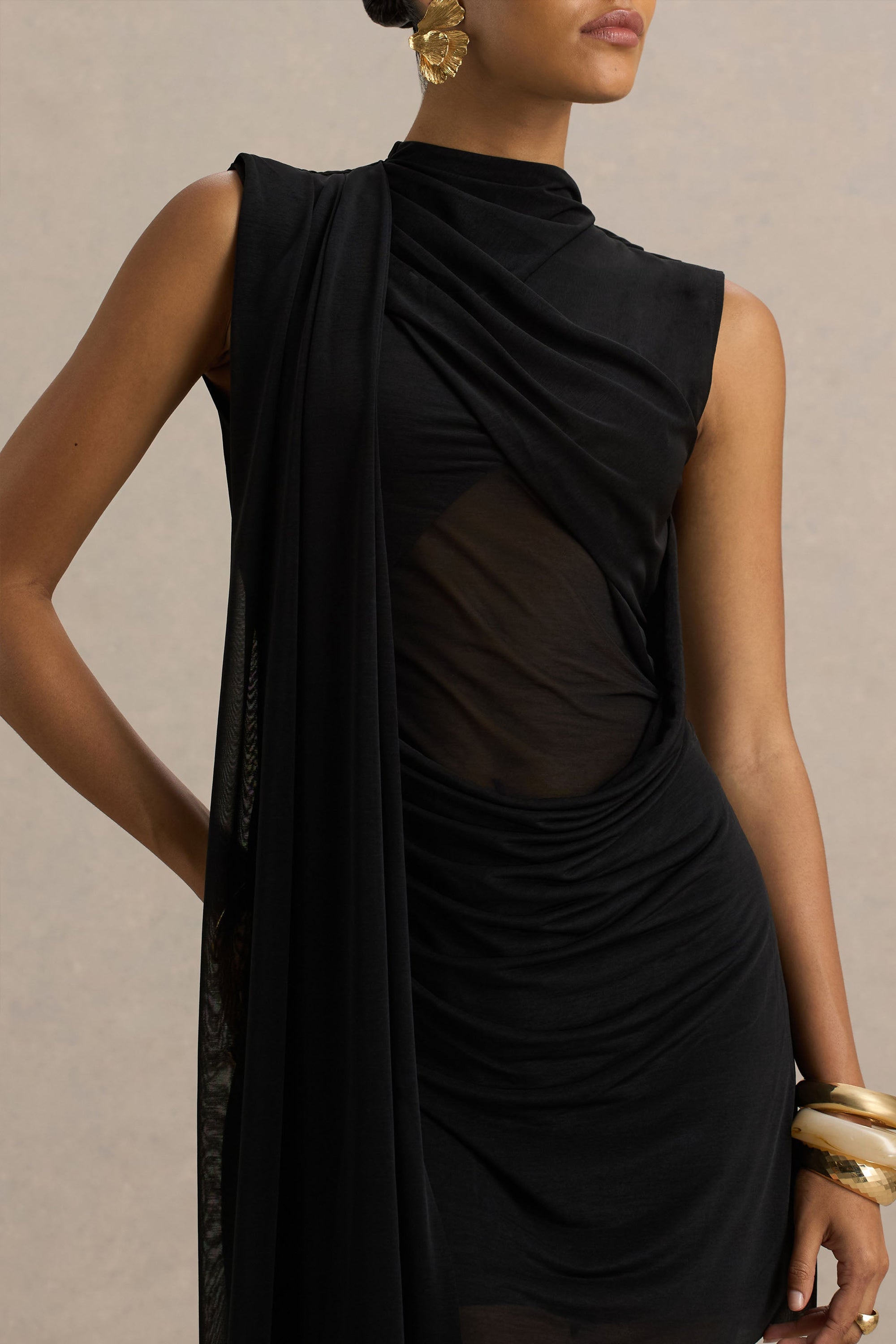 Riad | Black Chiffon Mini Dress With Two-Sleeve Cape