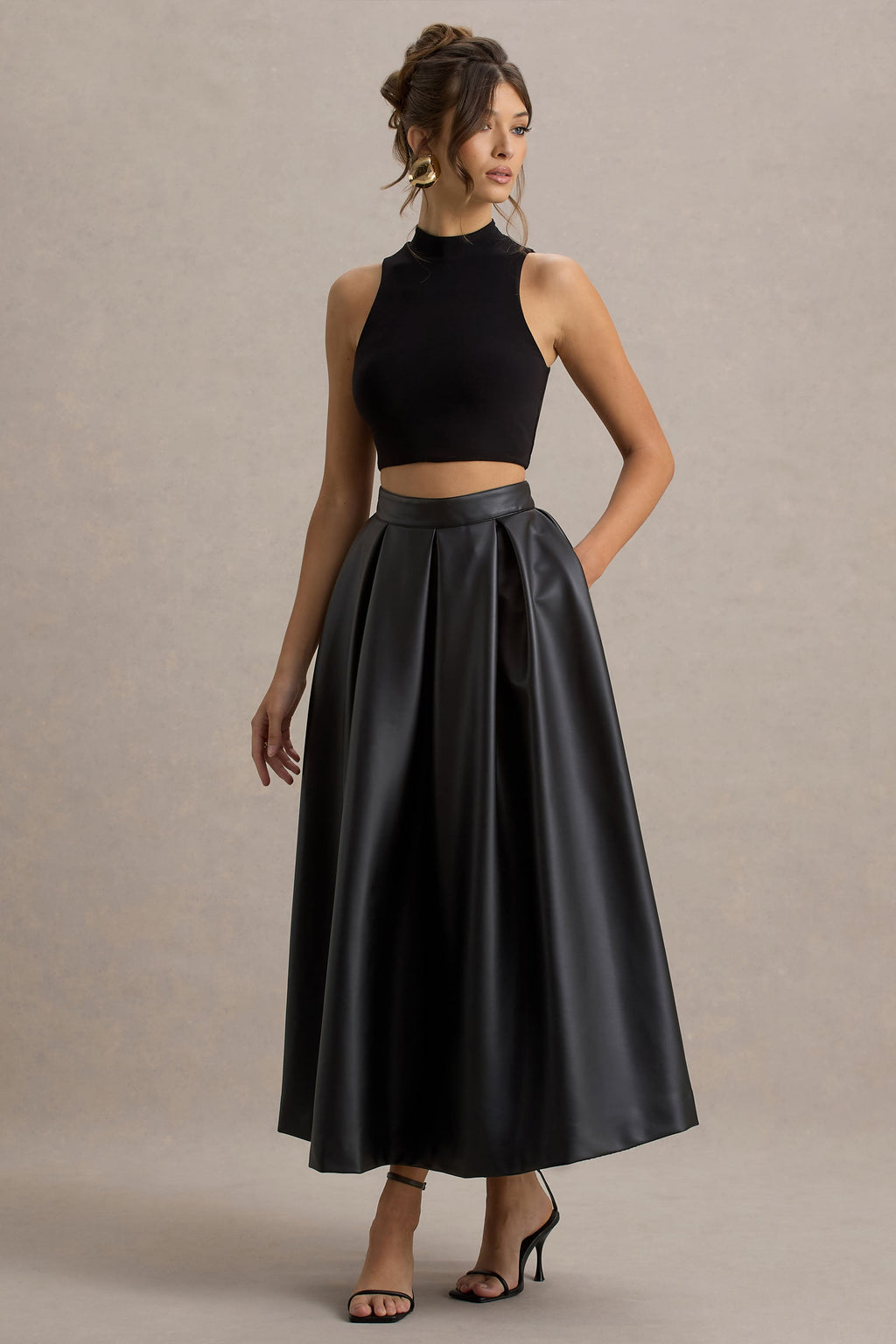 Noa | Black Faux Leather A-Line Midi Skirt