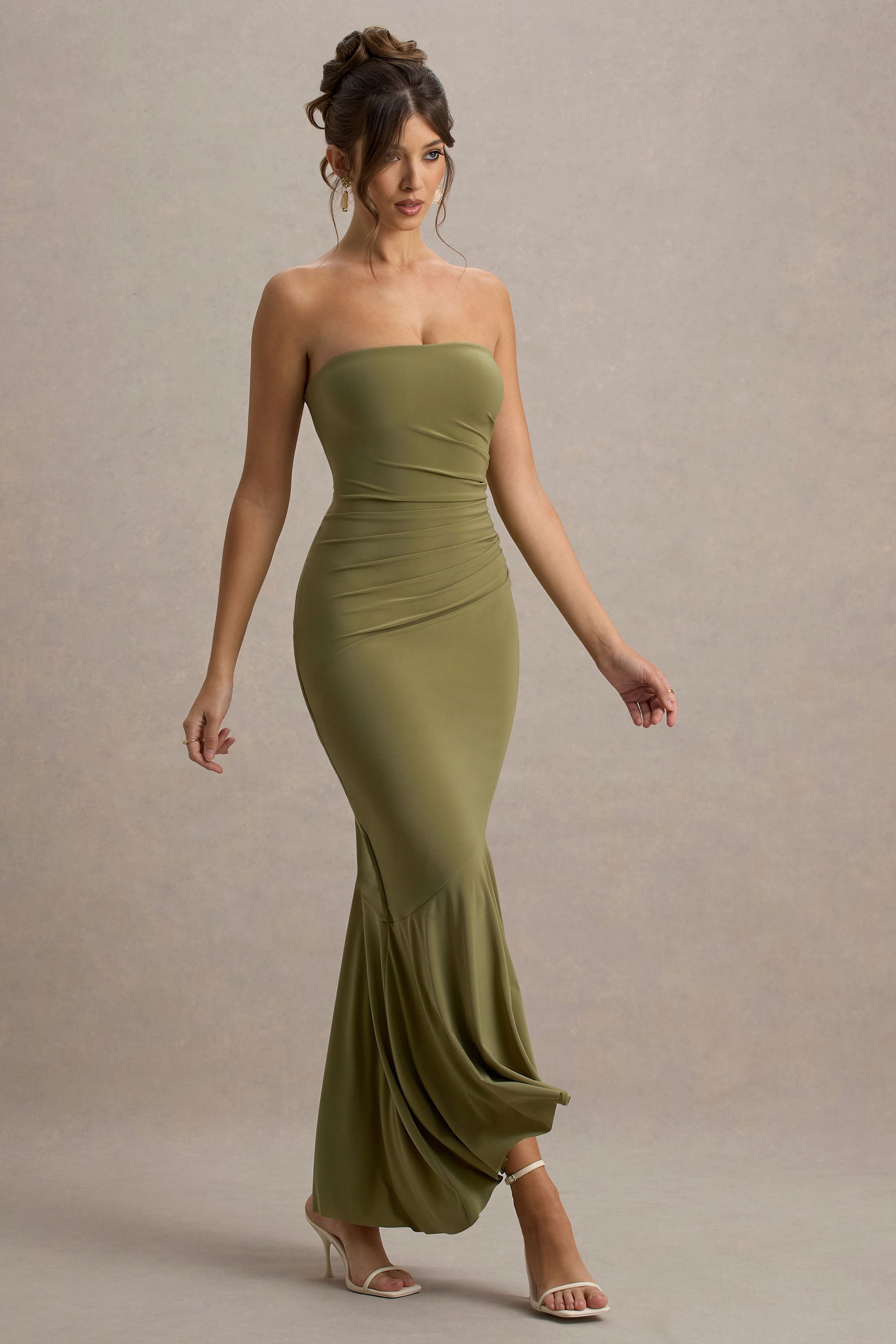 Capria | Olive Green Bandeau Wrap Maxi Dress