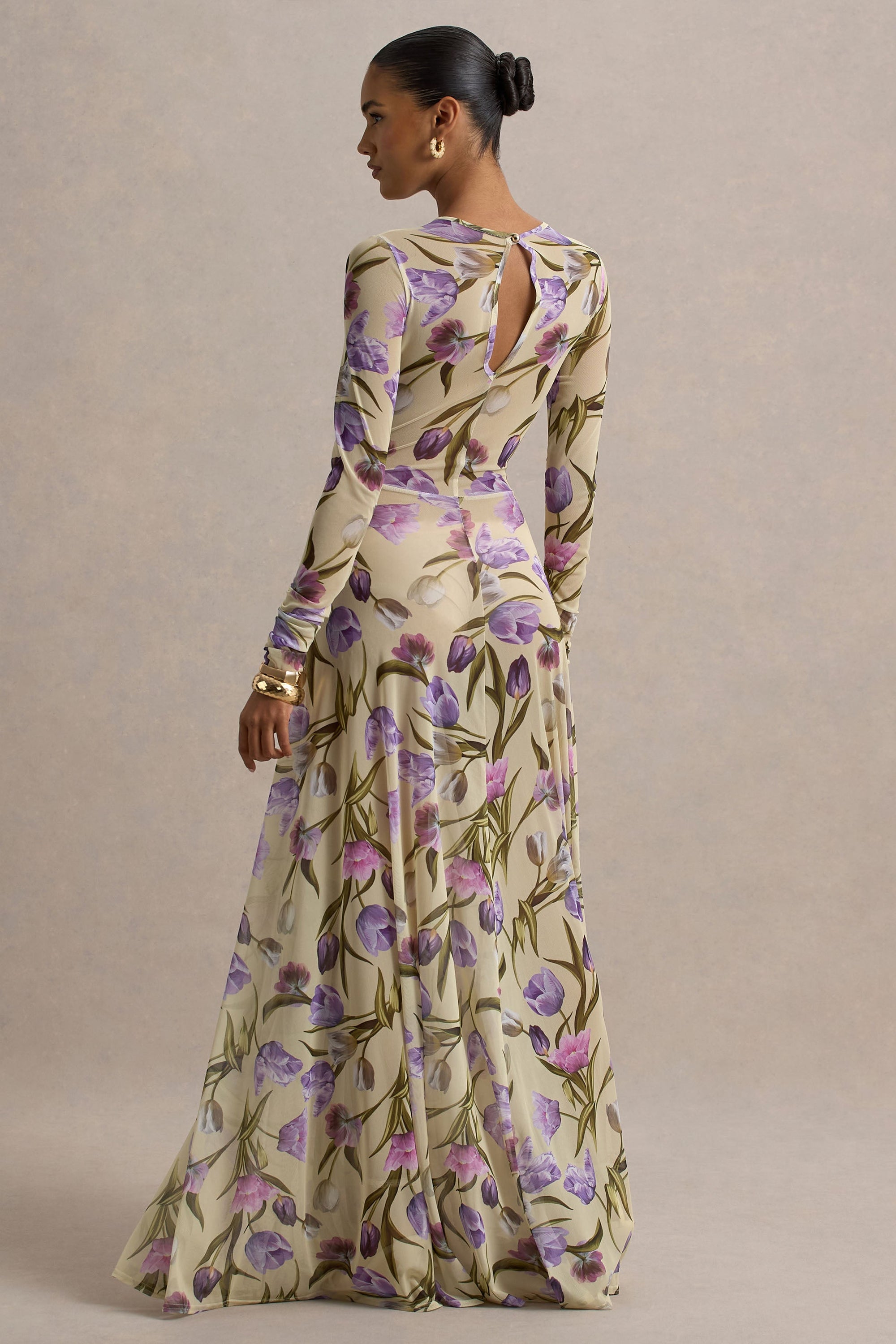 Koami | Yellow Floral Sheer Mesh Long-Sleeve Ruched Maxi Dress With High Split