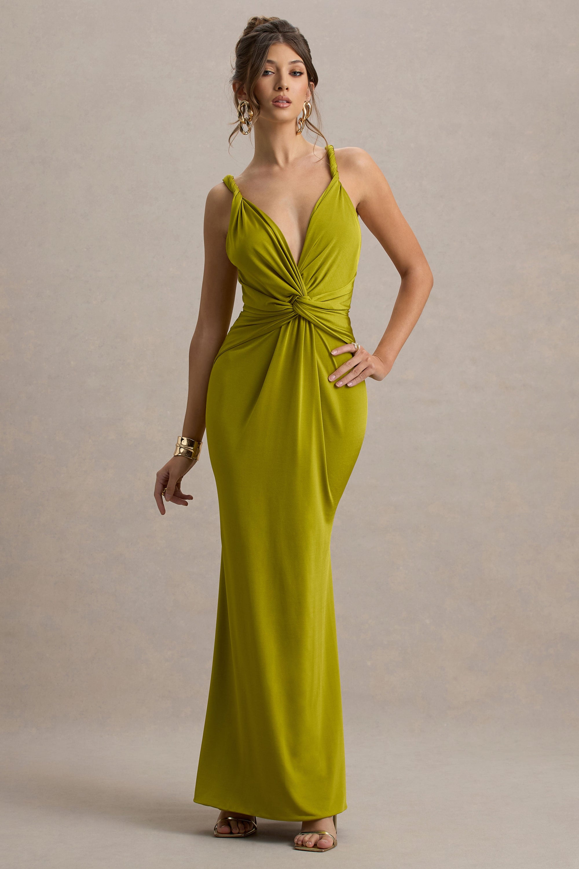 Santez | Green Twisted Plunge-Neck Maxi Dress