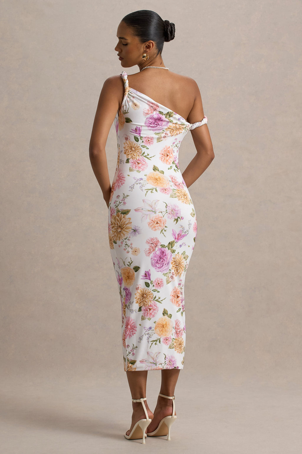 Nora | Peach And Lilac Floral Twisted Asymmetric Midi Dress