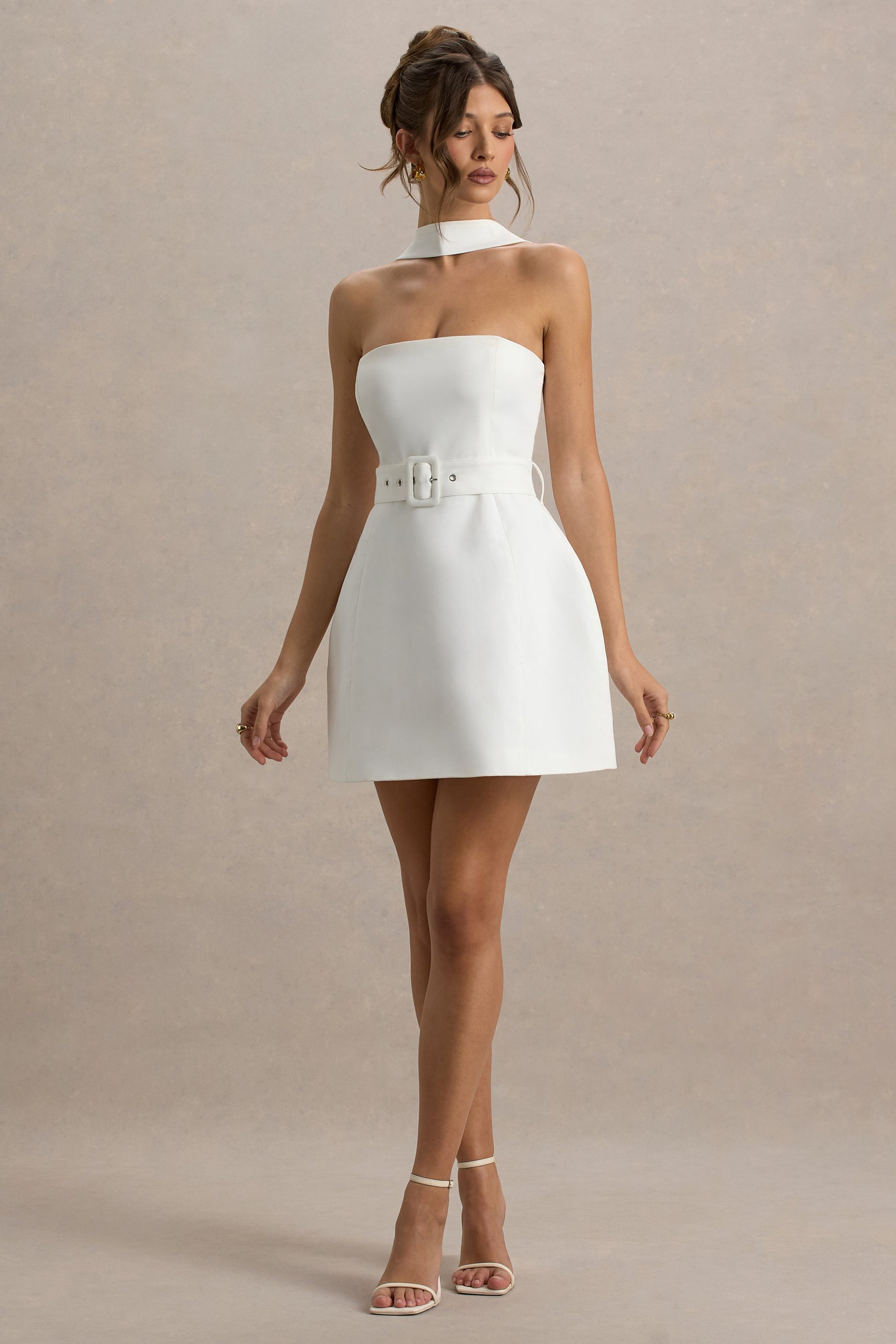 Timberly | White High-Neck Tailored Micro-Mini Dress