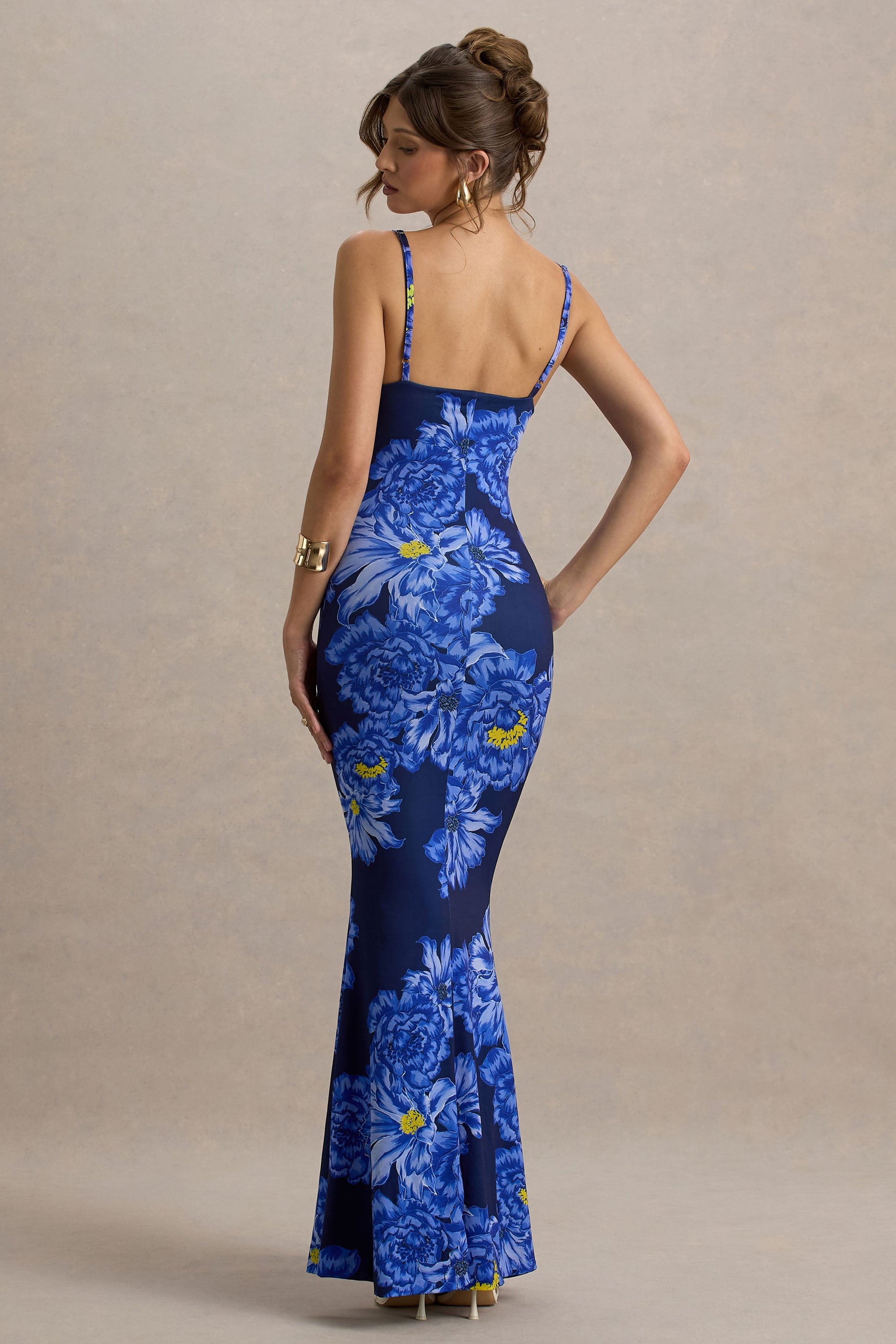 Farah | Blue Floral Print Plunge Neck Maxi Dress With Split Detail