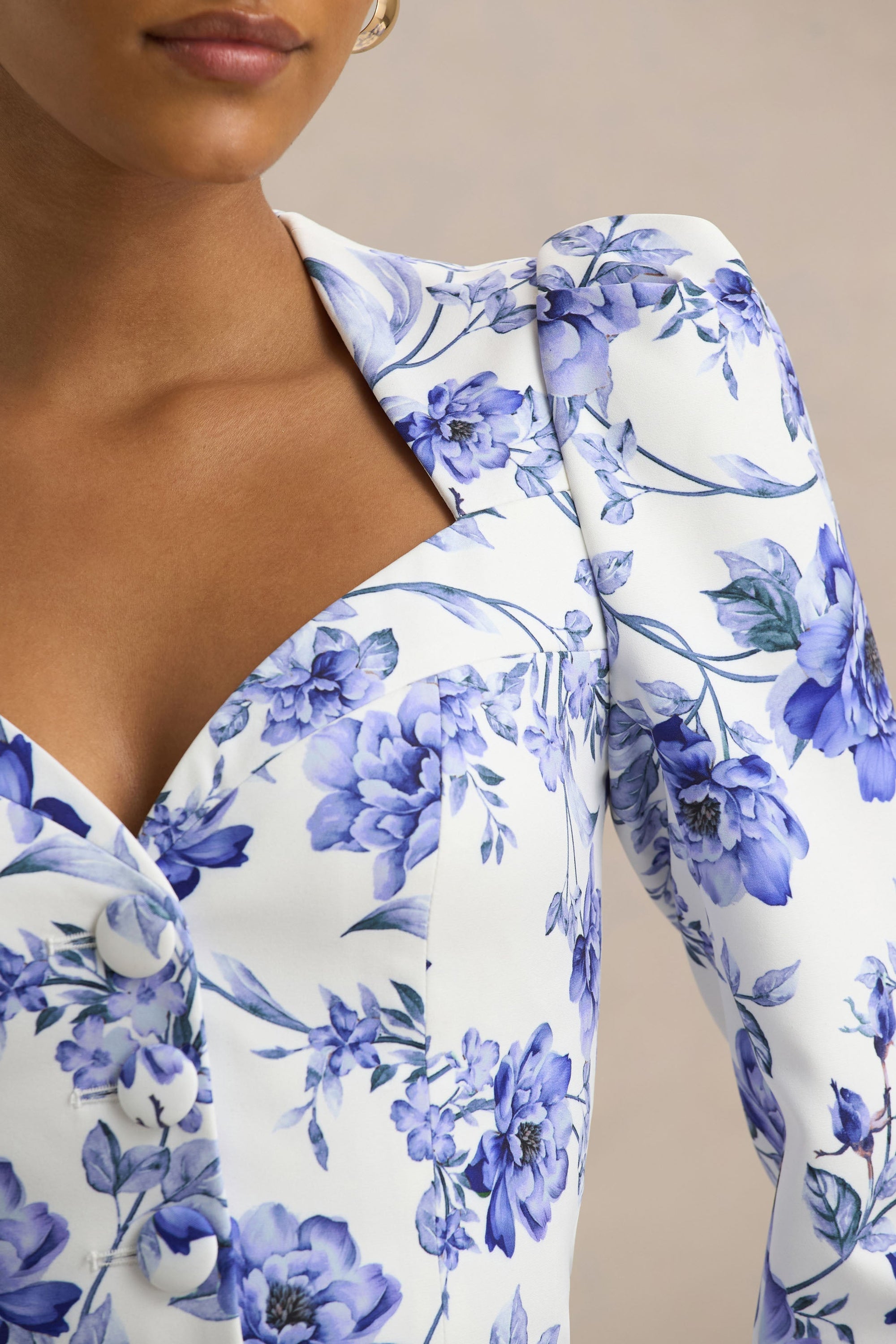 Olympia | Blue Floral Print Sweetheart-Neck Tailored Top