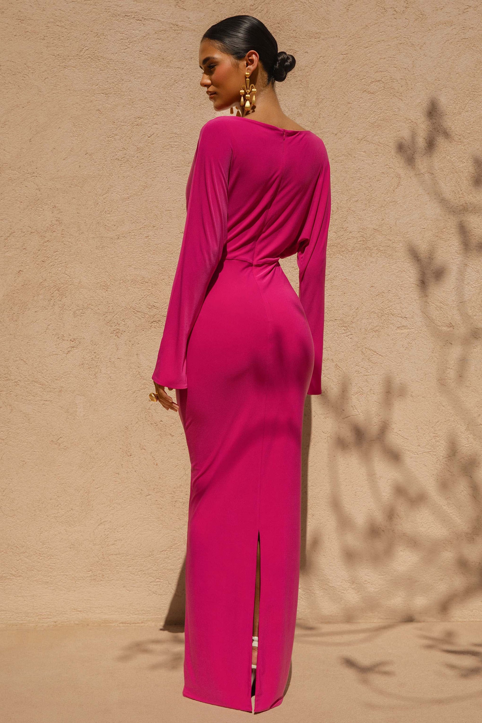 Regina | Hot Pink Slashed-Neck Draped Wrap Maxi Dress