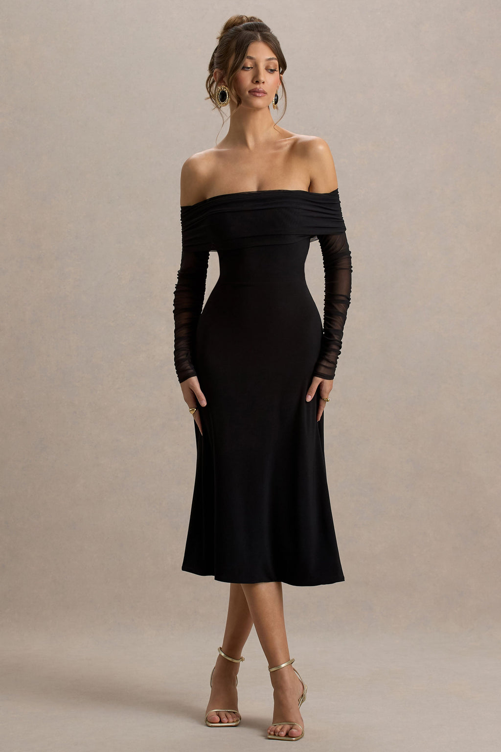 Flatter Me | Black Bardot Midi Dress With Mesh Sleeves
